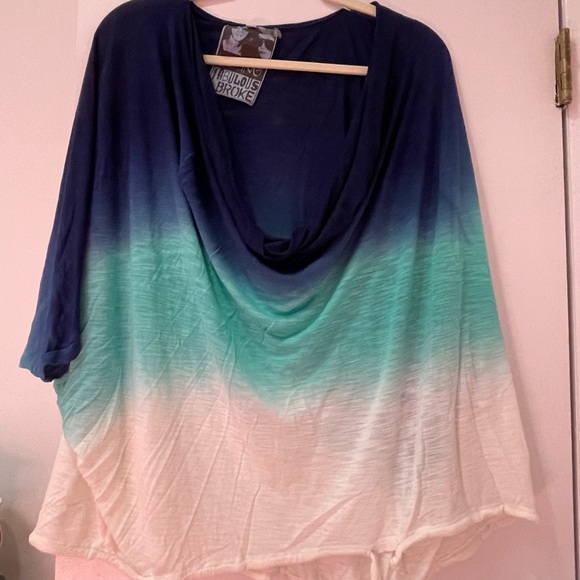 Young Fabulous & Broke Tops - Young Fabulous & Broke Cowl Neck Blue Ombre Blouse Top
